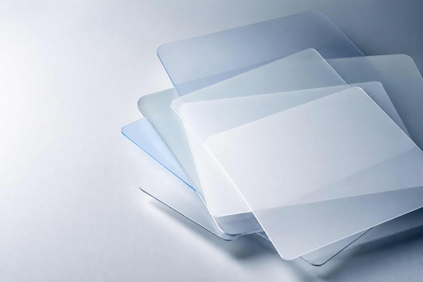 Abstract translucent sheets layered in cool blue light